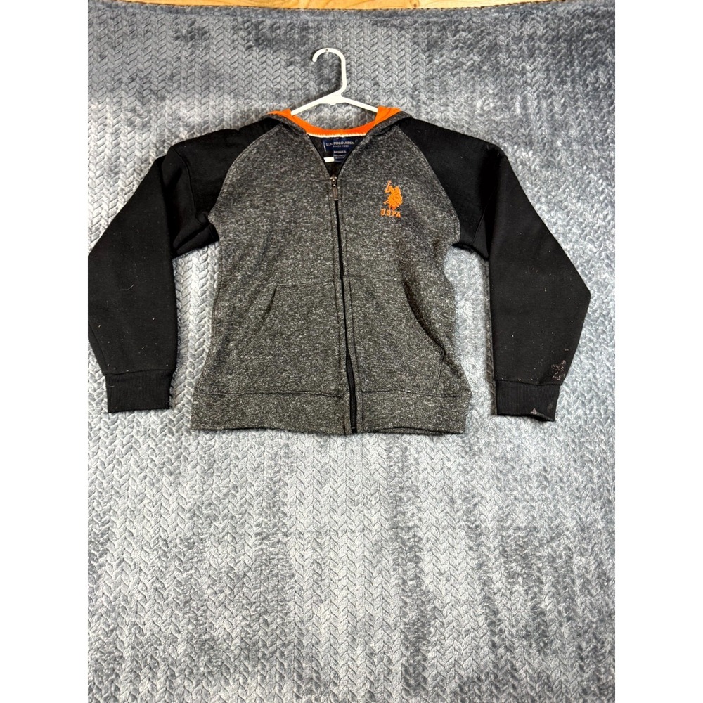 U.S. Polo Assn. Hoodie Boys Medium Gray Black Raglan Sleeve Knitted Fleece Lined